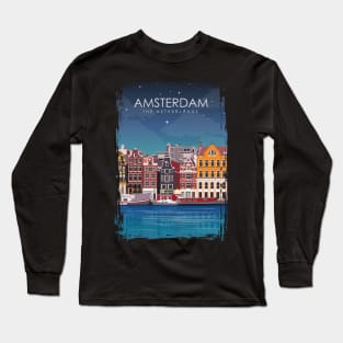 Amsterdam The Netherlands Travel Poster at Night Long Sleeve T-Shirt